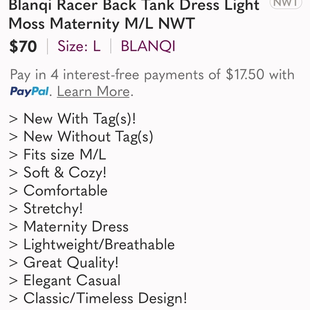 Blanqi Racer Back Tank Dress Maternity M/L - Picture 12 of 12